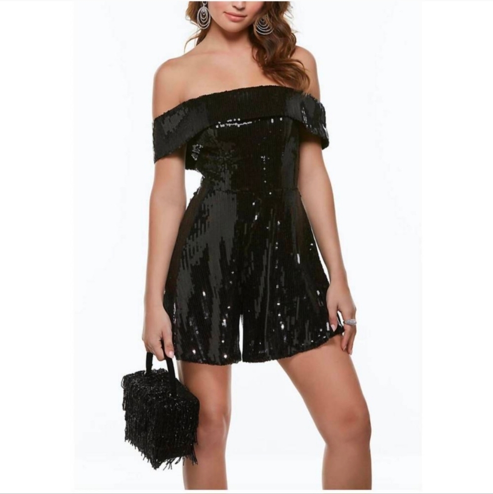Alyce Paris Off-The-Shoulder Black Sequin Romper - 2